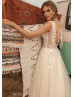 Deep V Neck Ivory Lace Tulle Wedding Dress